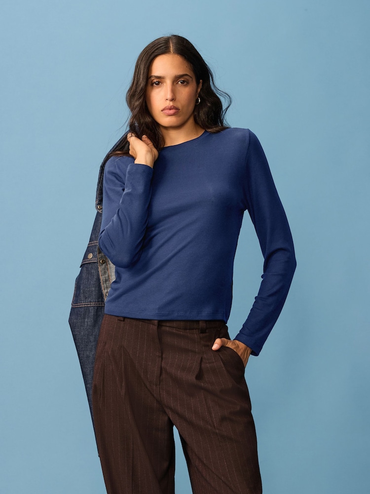 Dark Blue Soft Touch Ribbed Long Sleeve T-Shirt with TENCEL™ Lyocell - Image 1 of 7