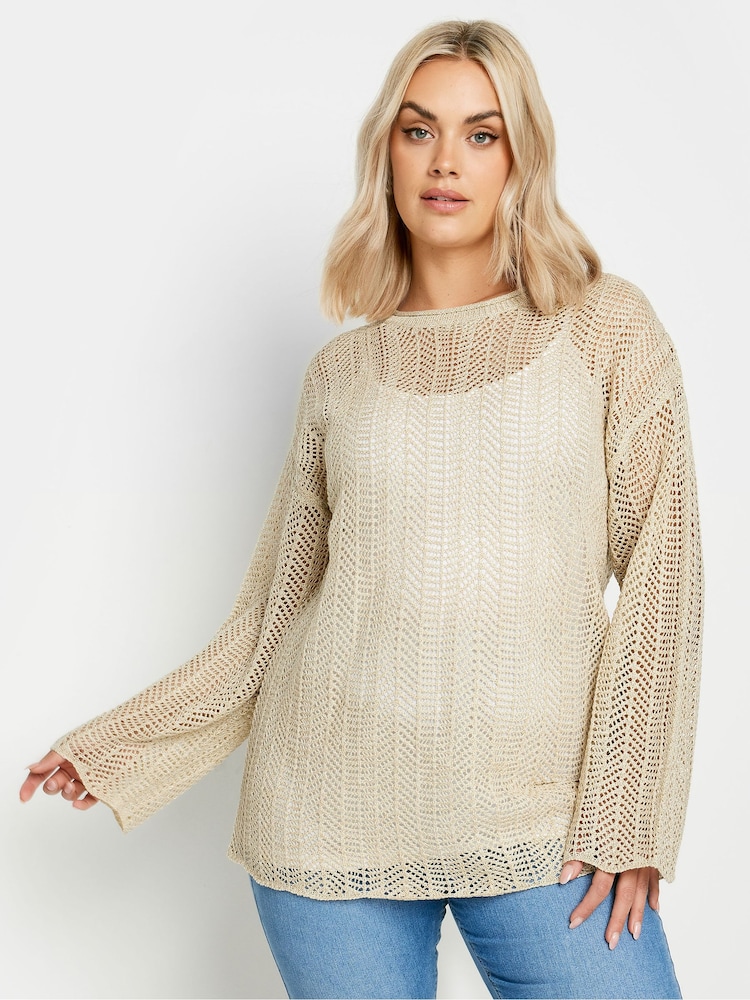 Yours Curve Natural Natural Brown Pointelle Crochet Jumper - Image 2 of 5