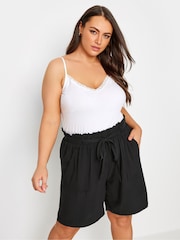 Yours Curve Black Woven Paperbag Waist Shorts - Image 1 of 6