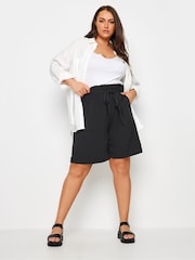 Yours Curve Black Woven Paperbag Waist Shorts - Image 3 of 6