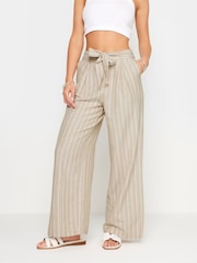 PixieGirl Petite Natural Stone Brown Stripe Linen Wide Leg Trousers - Image 2 of 5
