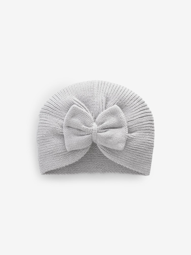 Grey Baby Knitted Bow 100% Cotton Turban Hat (0mths-3yrs) - Image 1 of 7 Grey Baby Knitted Bow 100% Cotton Turban Hat (0mths-3yrs) - Image 1 of 7