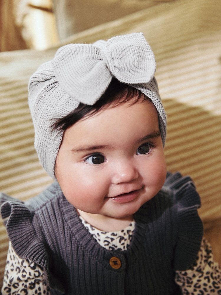 Grey Baby Knitted Bow 100% Cotton Turban Hat (0mths-3yrs) - Image 5 of 7