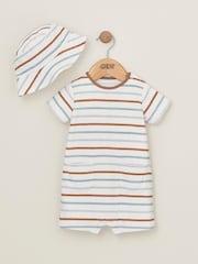 Mamas & Papas Stripe Towelling White 100% Cotton Romper And Hat Set 2 Piece - Image 1 of 4