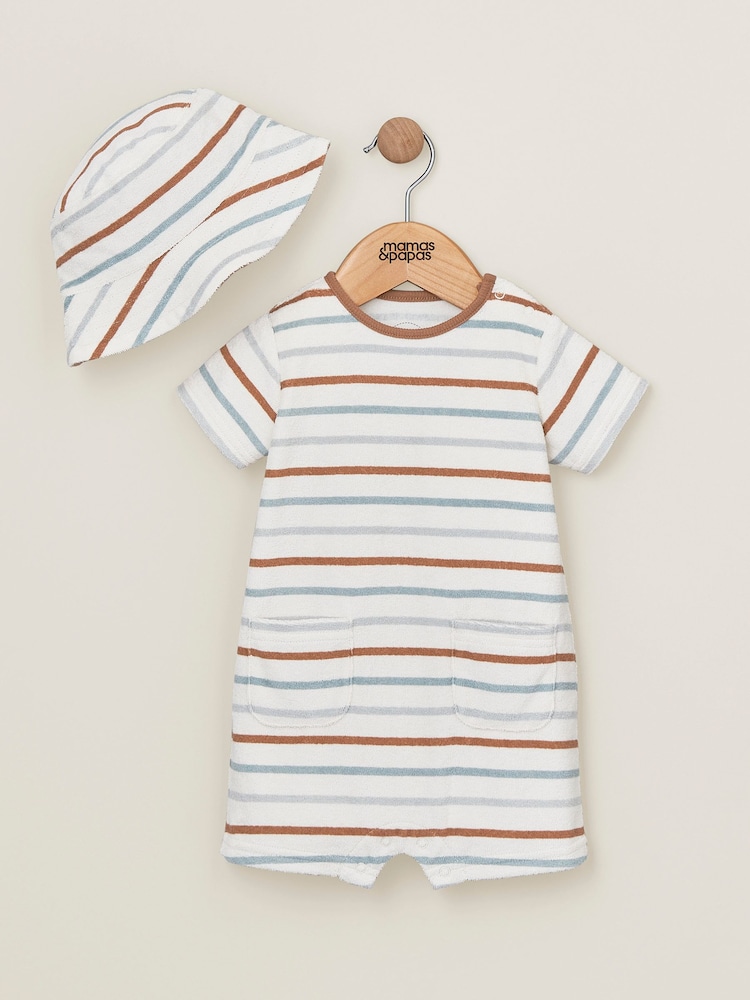 Mamas & Papas Stripe Towelling White 100% Cotton Romper And Hat Set 2 Piece - Image 1 of 4