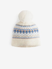 Blue/Ecru Cream Fairisle Pattern Pom Beanie Hat (3-16yrs) - Image 1 of 3