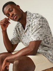 Neutral Navajo Style Cuban Collar Textured Jersey Short Sleeve Shirt - Image 1 of 8