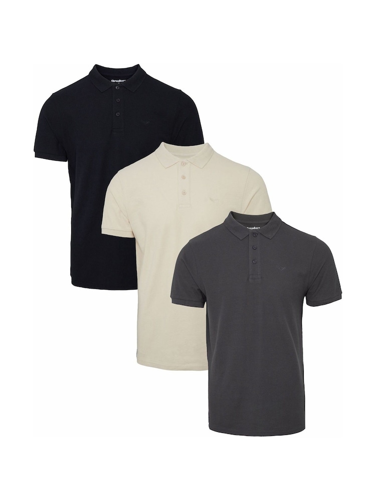 Threadbare Black Ecru Slate Cotton Pique Polo Shirts 3 Pack - Image 1 of 3