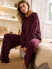 Berry Red Ribbed Knitlook Lounge Trousers - Image 3 of 8