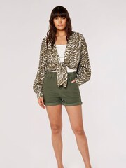 Apricot Green Denim Ruch Waist Turn Up Shorts - Image 1 of 4