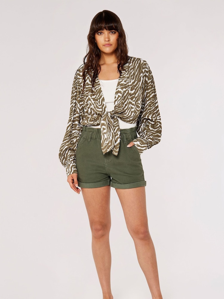 Apricot Green Denim Ruch Waist Turn Up Shorts - Image 1 of 4