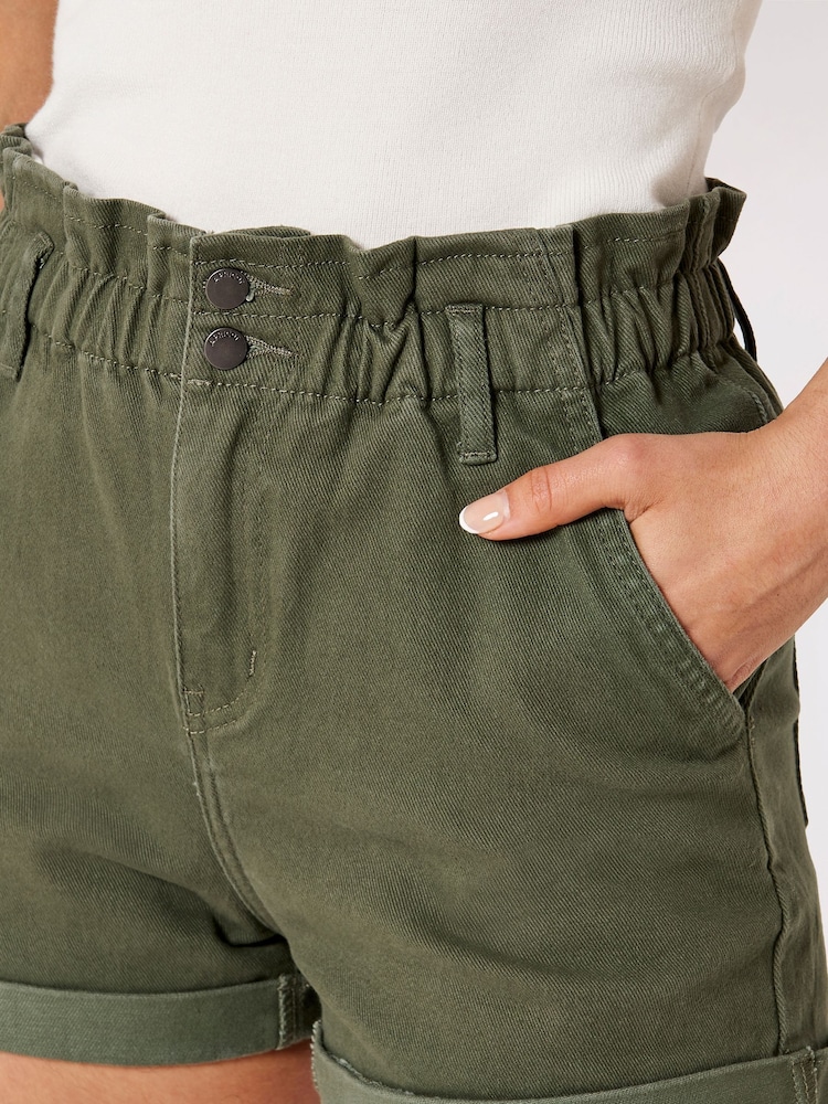 Apricot Green Denim Ruch Waist Turn Up Shorts - Image 4 of 4