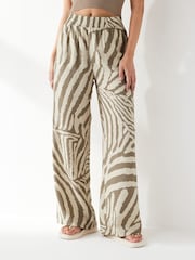 JDY Green Petite Zebra Print Wide Leg Trousers - Image 1 of 5