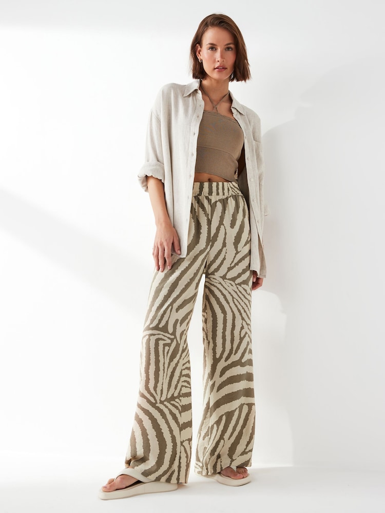 JDY Green Petite Zebra Print Wide Leg Trousers - Image 2 of 5