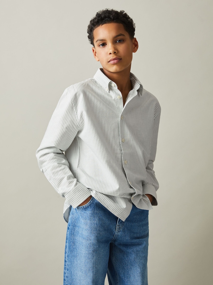 Reiss Green/Offwhite Welby 9-13 yrs Cotton Striped Oxford Shirt - Image 1 of 4