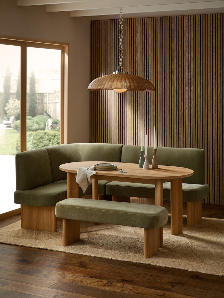 Relaxed Chenille Light Olive Nomad Left Hand Corner Dining Table and Corner Bench Set - Image 1 of 10