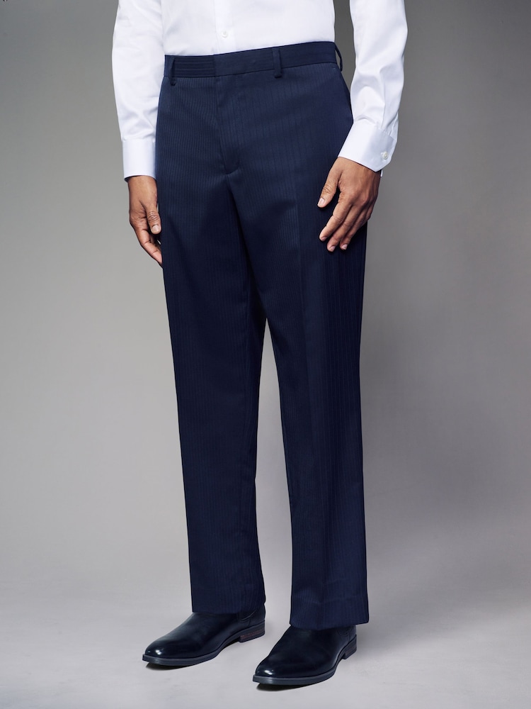 Navy Blue Straight Fit Wool Blend Stripe Suit Trousers - Image 1 of 5