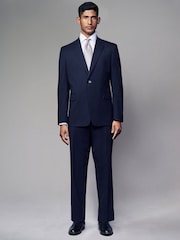 Navy Blue Straight Fit Wool Blend Stripe Suit Trousers - Image 2 of 5