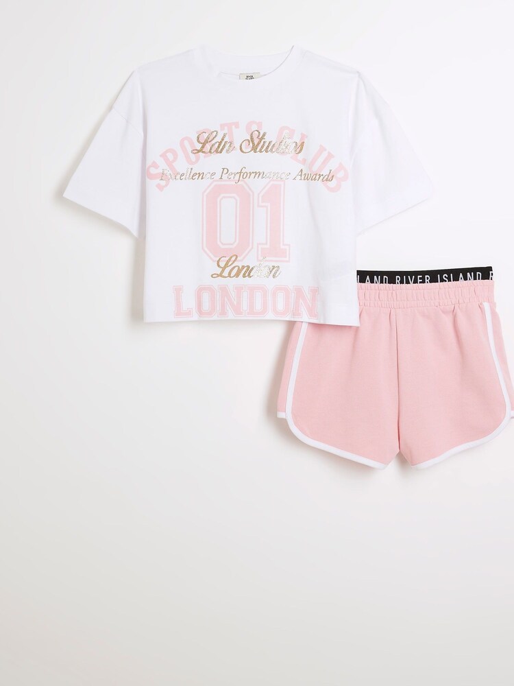River Island Pink Girls 100% Cotton Varsity Top and Runner Shorts Set - Image 1 of 4