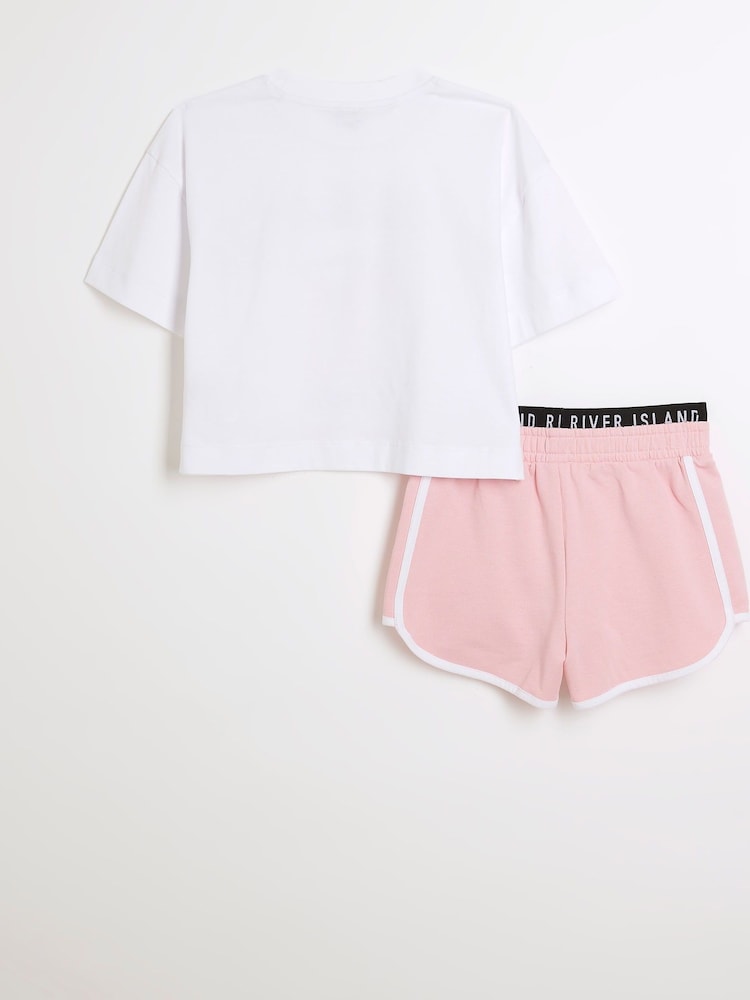 River Island Pink Girls 100% Cotton Varsity Top and Runner Shorts Set - Image 2 of 4