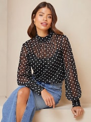 Lipsy Black Polka Dot High Neck Long Sleeve Blouse - Image 1 of 4