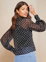 Lipsy Black Polka Dot High Neck Long Sleeve Blouse - Image 2 of 4