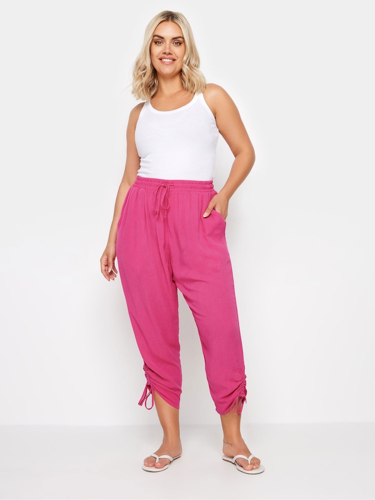 Yours Curve Pink Crinkle Ruched Hem Cropped Trousers - Image 2 of 5