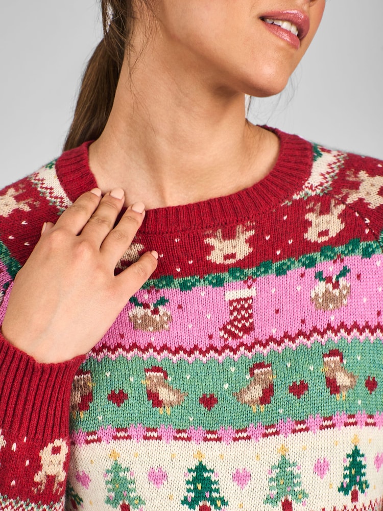 JoJo Maman Bébé Pink Festive Friends Fair Isle Pattern Jumper - Image 4 of 5