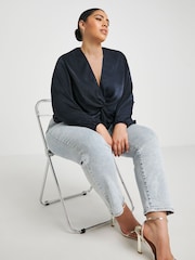 Simply Be Blue Knot Front Velvet Satin Blouse - Image 3 of 4