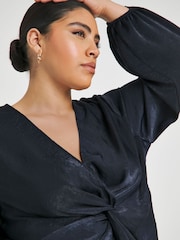 Simply Be Blue Knot Front Velvet Satin Blouse - Image 4 of 4
