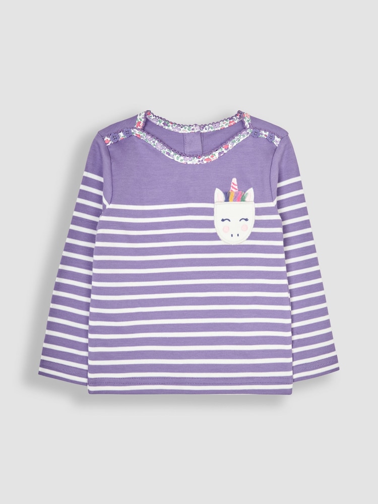 Пурпурный с единорогом - JoJo Maman Bébé Cotton Long Sleeve Pocket Breton Top - Изображение 1 из 3