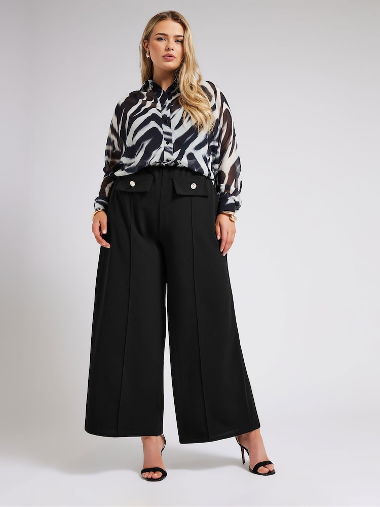 Yours Curve Black YOURS LONDON Curve Black Pocket Front Wide Leg Trousers - Image 1 of 5