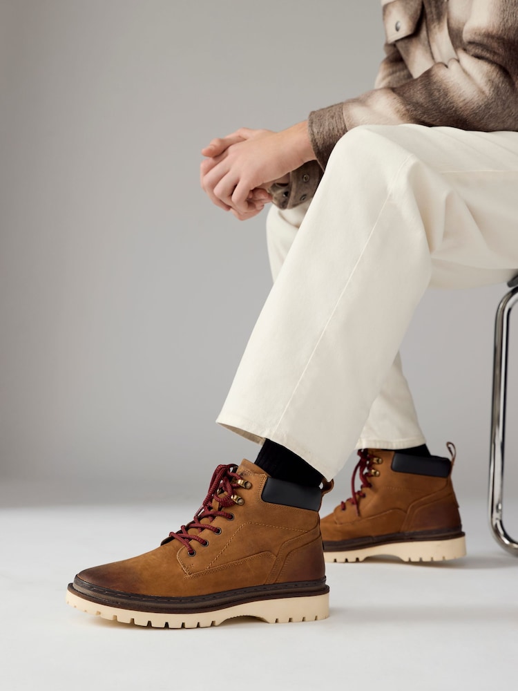 Tan Brown Leather Hiker Style Boots - Image 1 of 6