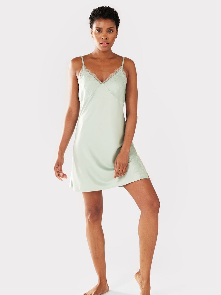 Chelsea Peers Green Satin Lace Trim Slip Nightdress - Image 1 of 1 Chelsea Peers Green Satin Lace Trim Slip Nightdress - Image 1 of 1