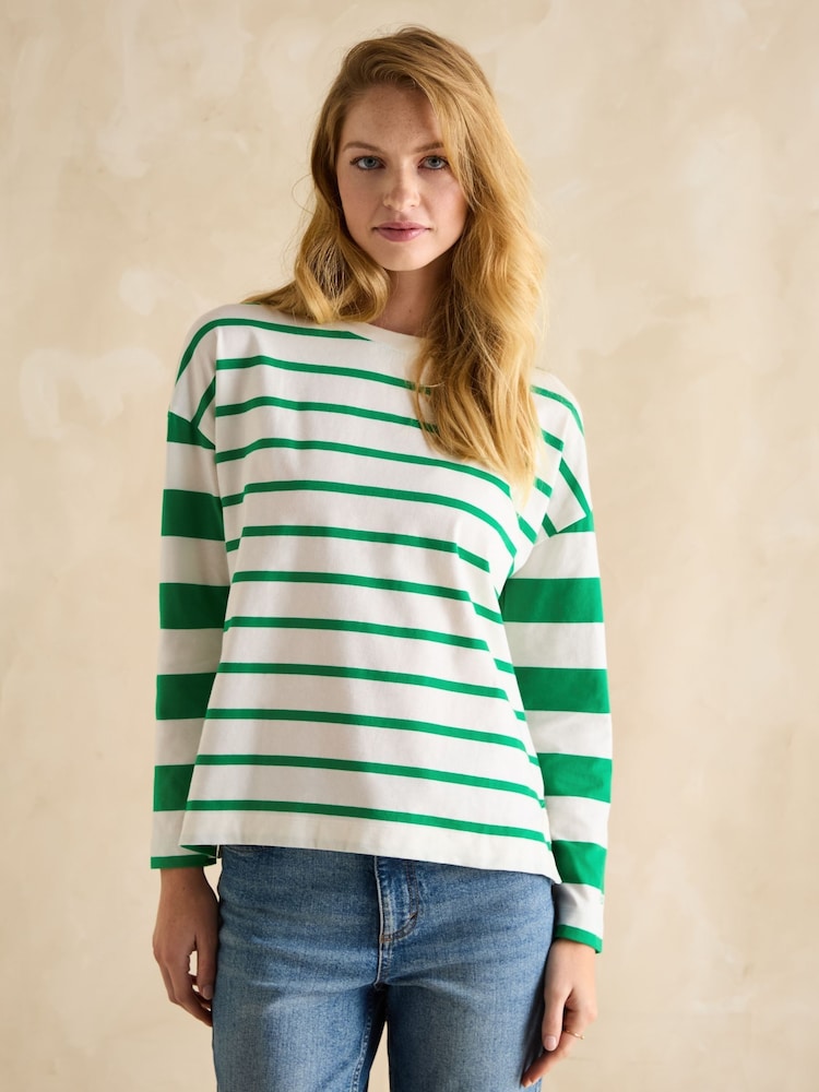 Joules Ellie Green/White Long Sleeve Jersey Top - Image 1 of 8