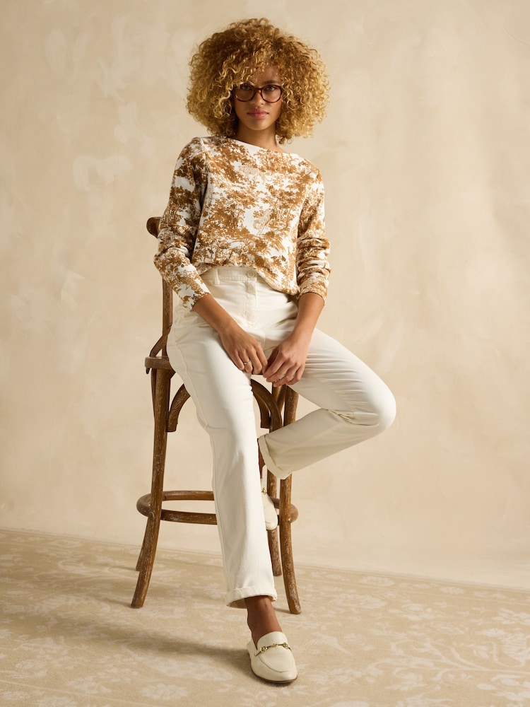 Joules Harbour Tan & Cream Toile de Jouy Boat Neck Printed Top - Image 6 of 7