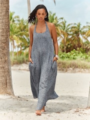 Denim Blue Rochelle Humes 100% Linen Textured Halter Dress - Image 1 of 9