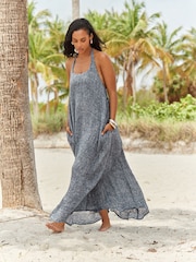 Denim Blue Rochelle Humes 100% Linen Textured Halter Dress - Image 4 of 9