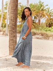 Denim Blue Rochelle Humes 100% Linen Textured Halter Dress - Image 5 of 9