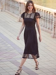 Sosandar Black Broderie Flutter Sleeve Midi Dress - Image 1 of 5