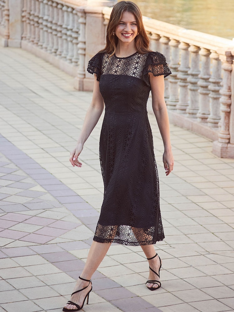 Sosandar Black Broderie Flutter Sleeve Midi Dress - Image 1 of 5