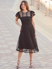 Sosandar Black Broderie Flutter Sleeve Midi Dress - Image 5 of 5