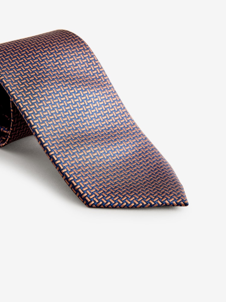 Navy Blue/Bronze Brown Geometric Pattern Tie - Image 1 of 3