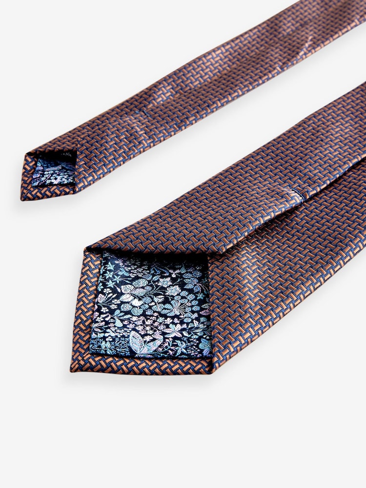 Navy Blue/Bronze Brown Geometric Pattern Tie - Image 3 of 3
