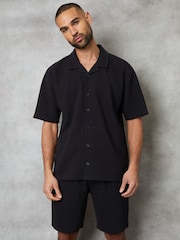 Threadbare Black Textured Revere Collar Short Sleeve Shirt - Image 1 of 5