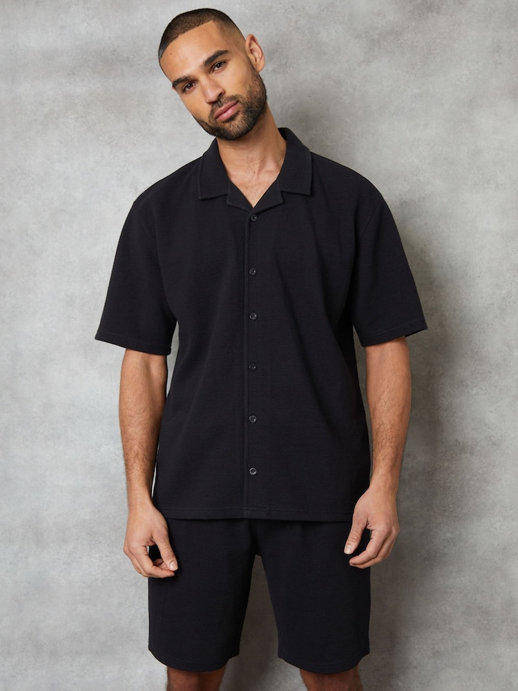 Threadbare Black Textured Revere Collar Short Sleeve Shirt - Image 1 of 5
