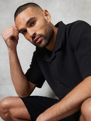 Threadbare Black Textured Revere Collar Short Sleeve Shirt - Image 4 of 5