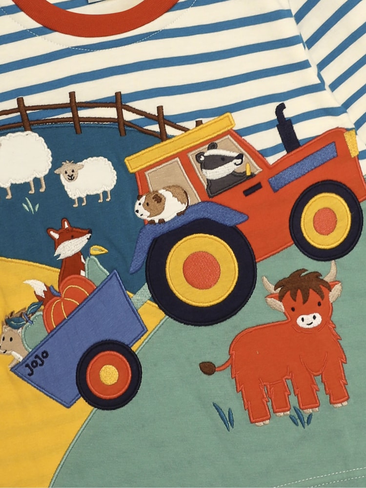 JoJo Maman Bébé Ecru Tractor Farm Long Sleeve Button Shoulder Striped Appliqué Top - Image 3 of 3 JoJo Maman Bébé Ecru Tractor Farm Long Sleeve Button Shoulder Striped Appliqué Top - Image 3 of 3