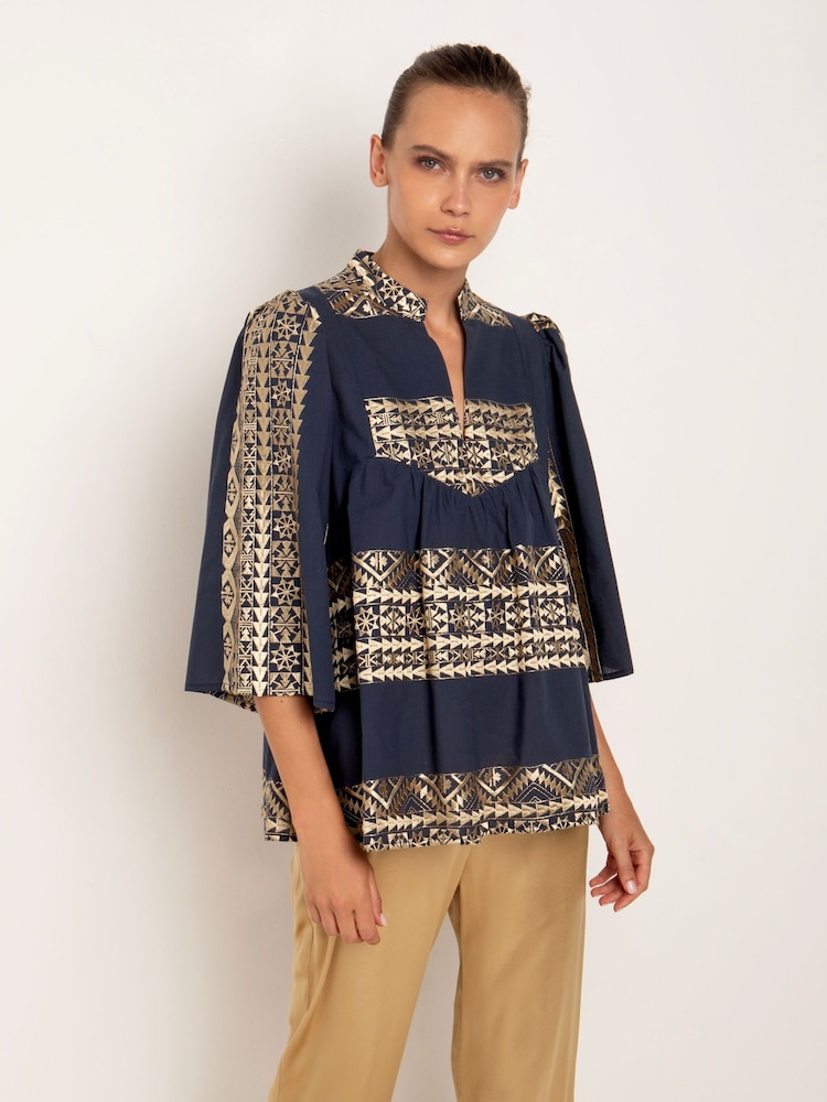 Greek Archaic Kori Blue 100% Cotton Embroidered Blouse - Image 1 of 3