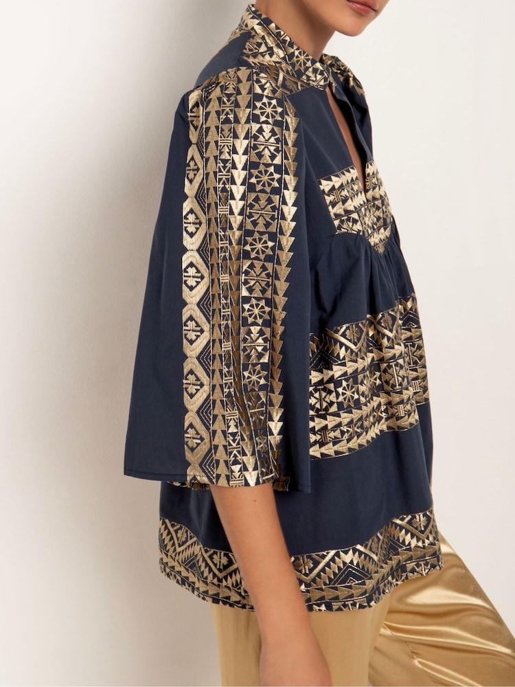Greek Archaic Kori Blue 100% Cotton Embroidered Blouse - Image 3 of 3